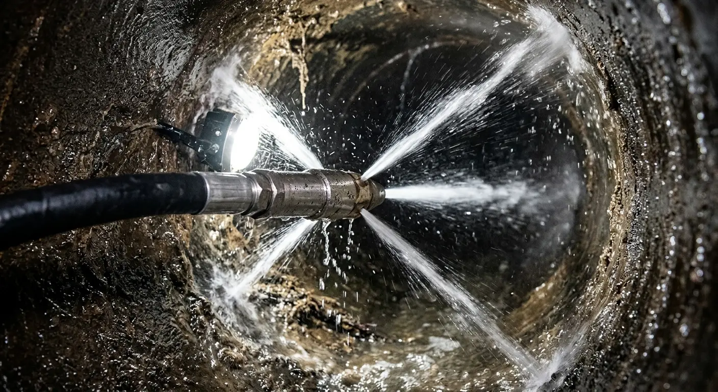 High-pressure hydro jetting nozzle cleaning sewer pipe for Sewer Cleanout in Rensselaer