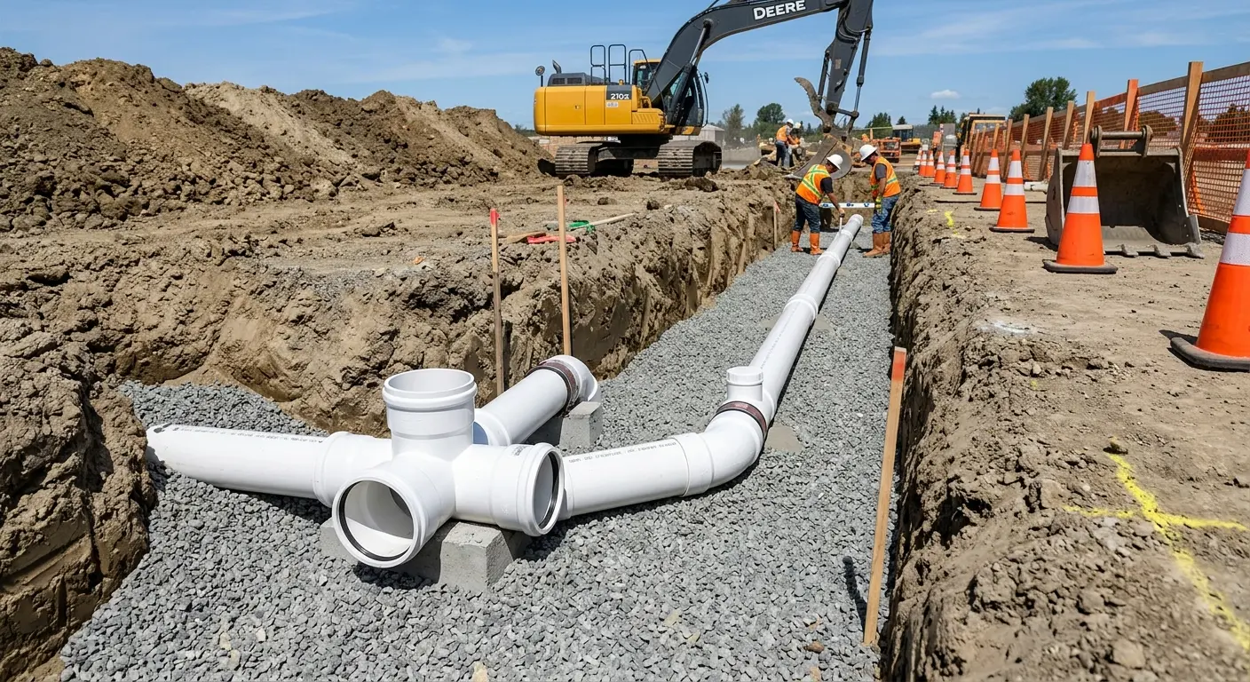 New PVC sewer pipe installation in open trench for Sewer Backup in Rensselaer