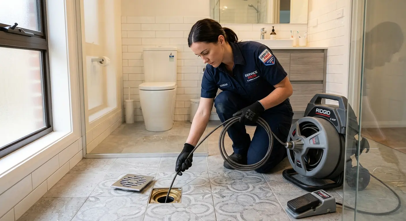 Technician clearing a bathroom floor drain for Sewer Line Replacement in Rensselaer